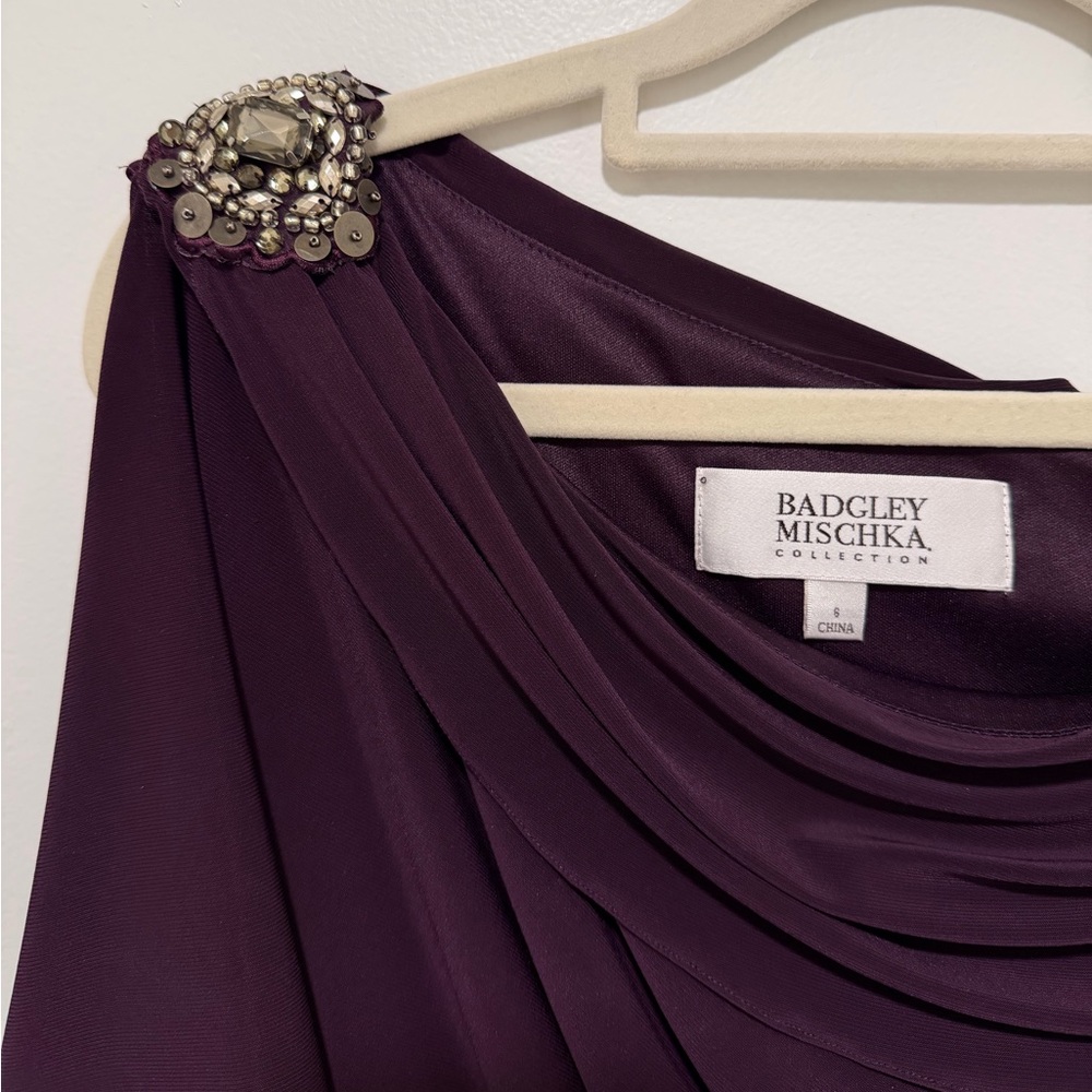 Badgley Mischka Deep Purple Gown with Embellished Shoulder